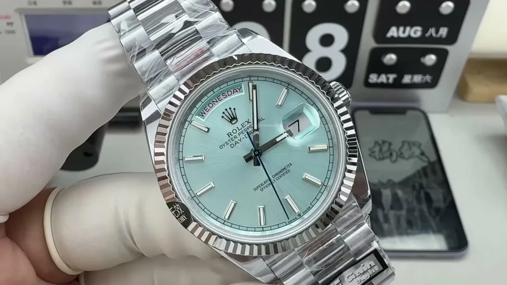 Rolex Datejust with ice-blue dial, photographed before dispatch