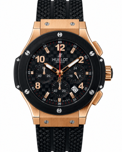 Super Clone Hublot Big Bang Rožių auksas Black Carbon Dial Chronograph Guminė žarna