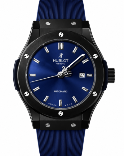 Super Clone Hublot Classic Fusion Black Blue Sunburst Dial Guminė žarna